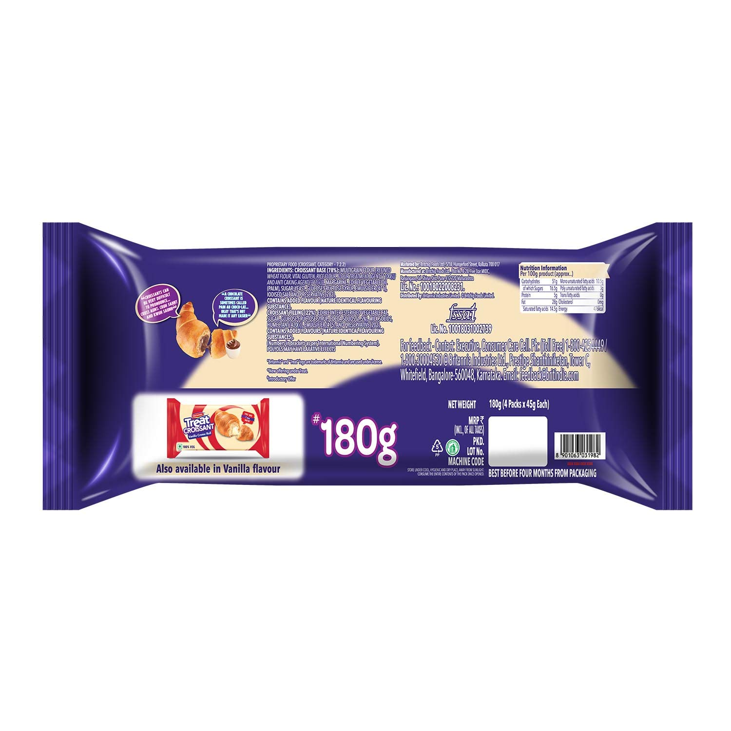 Britannia Treat Croissant  Veg  Cocoa Creme Roll  Vanilla Creme Roll 2 x 47g Each Combo 2 Items